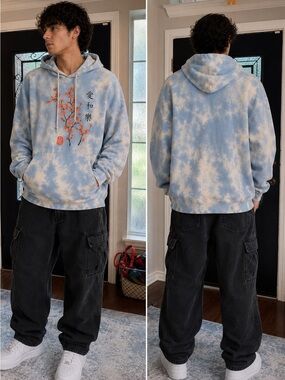 T.J.Maxx Light Blue Tie-Dye Hoodie with Orange Floral Graphic
